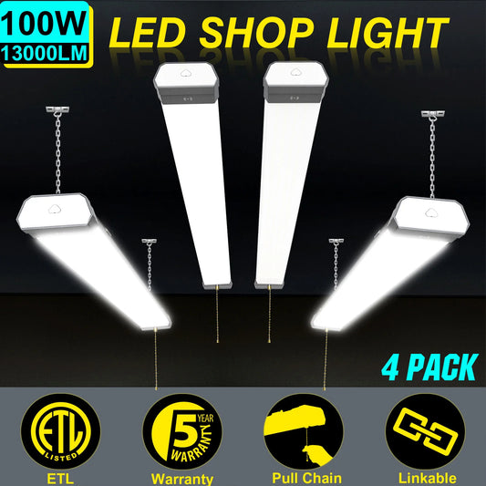 100W Linkable LED Shop Light | 4FT 13000LM 5000K | With Plug | 120V LED Garage Ceiling Workshop Light | ON/Off Pull Chain | Suspended & Flush Mount