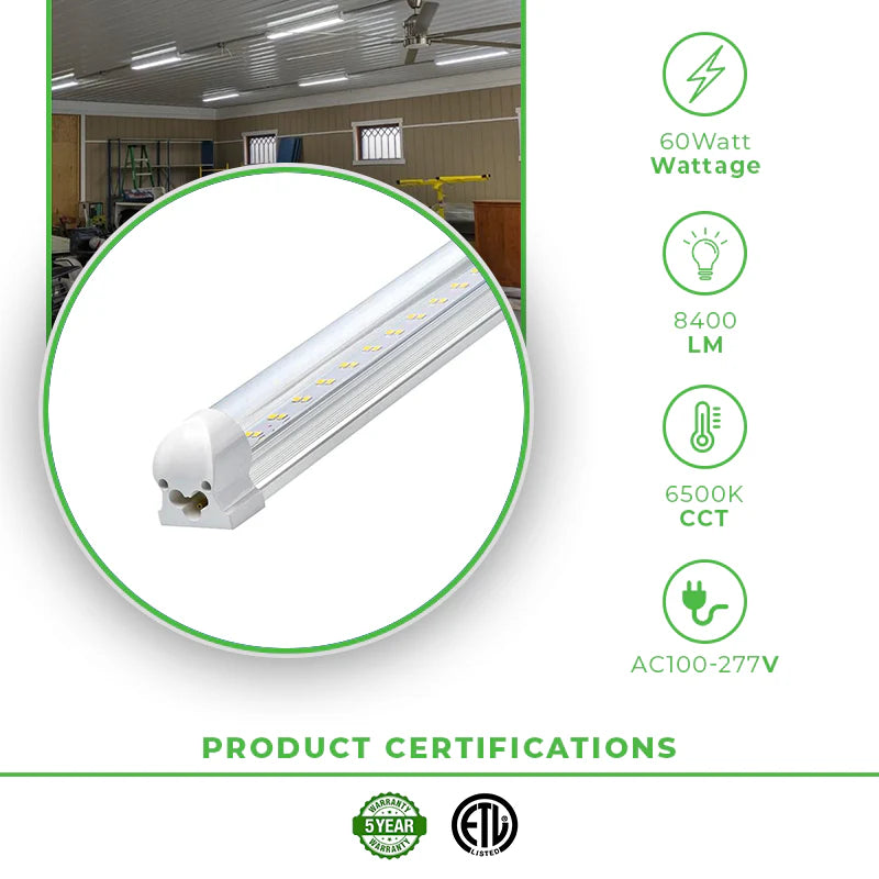 4ft LED Shop Lights- 30W - 6500K and 4200 Lumens, Striped Lens, V-shaped Linkable LED Integrated Tube- ETL Listed - Traic Dimming