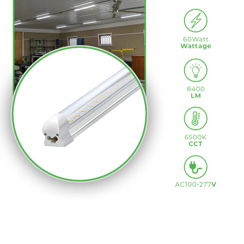 4ft LED Shop Lights- 30W - 6500K and 4200 Lumens, Striped Lens, V-shaped Linkable LED Integrated Tube- ETL Listed - Traic Dimming