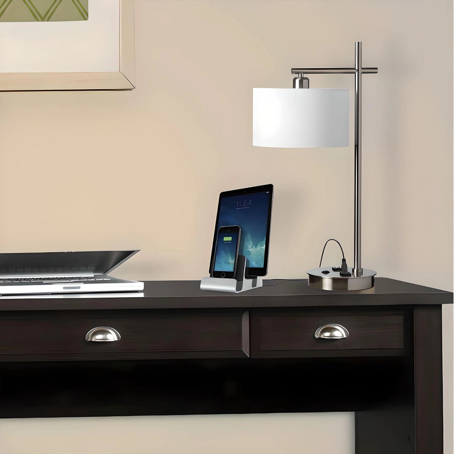 Astra Desk Table Lamps- Desk Table Lamps with brushed nickel finish and one convenience outlet