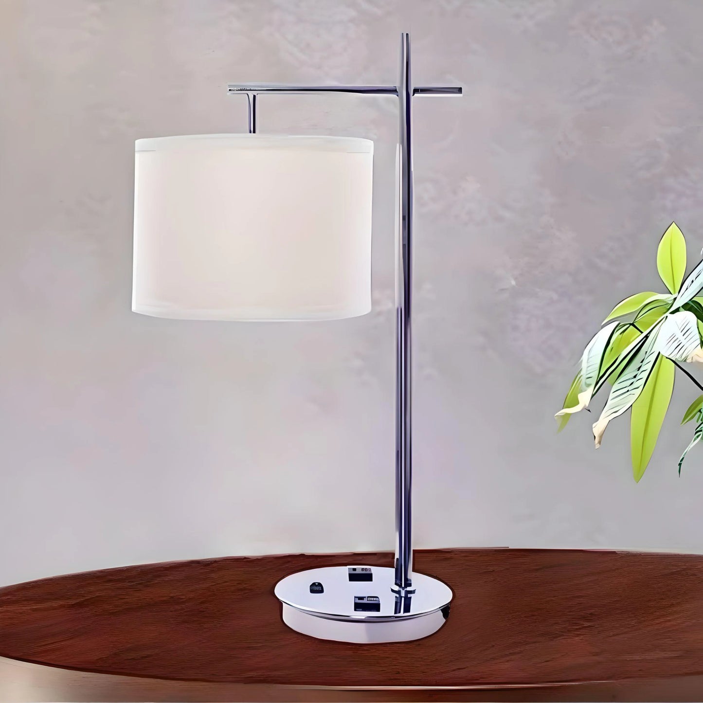 Astra Desk Table Lamps- Desk Table Lamps with brushed nickel finish and one convenience outlet