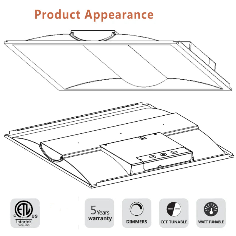 2x2 LED Troffer Lights, Selectable Wattage (30W/35W/40W) and CCT (3500K/4000K/5000K) with 130LM/Watt - ETL and DLC 5.1