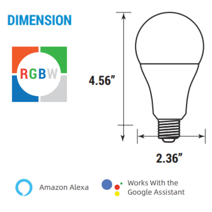 800 Lumen A19 LED Smart Light Bulb with RGB - 9W, WiFi Enabled, Works with Alexa and Google Assistant